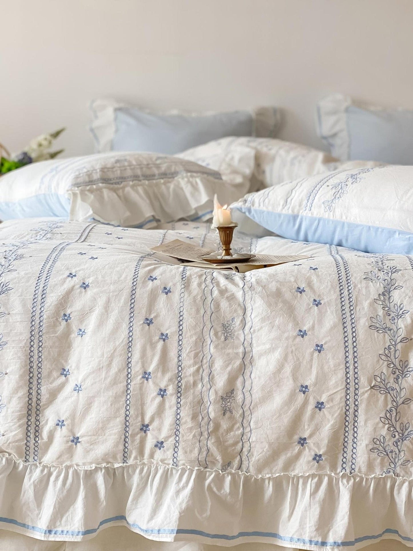Embroidered French Lace Ruffle Duvet Cover / Pink