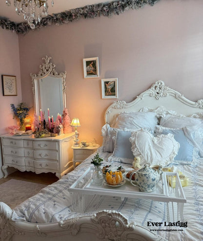 Embroidered French Lace Ruffle Duvet Cover / Pink