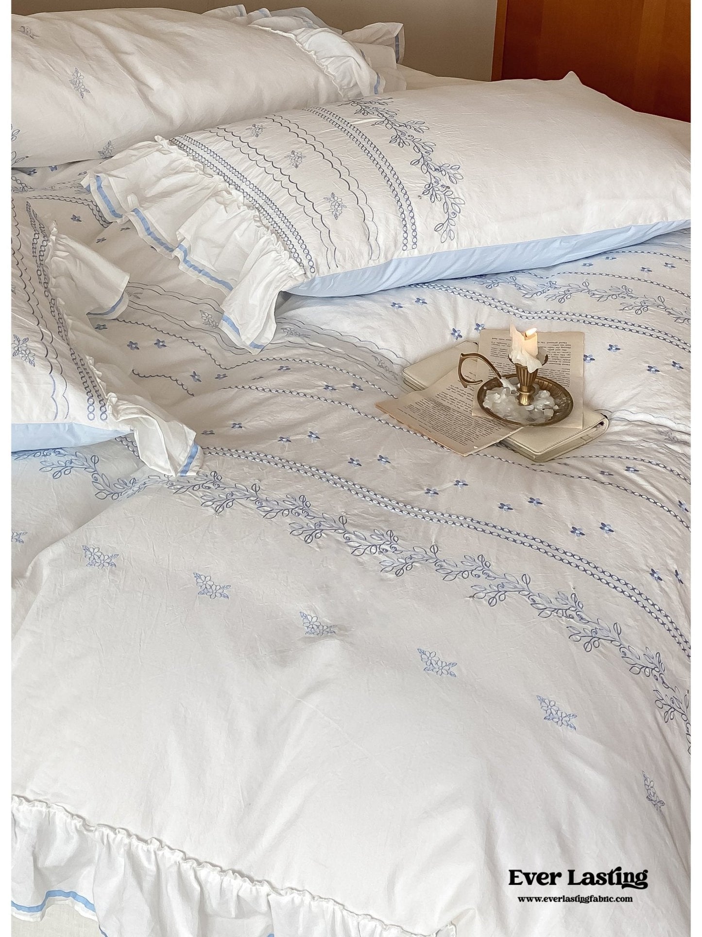 Embroidered French Lace Ruffle Duvet Cover / Pink