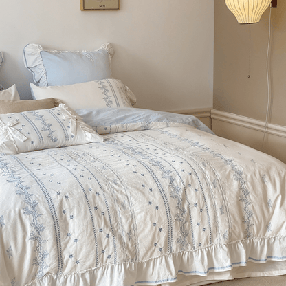 Embroidered French Lace Ruffle Duvet Cover / Pink