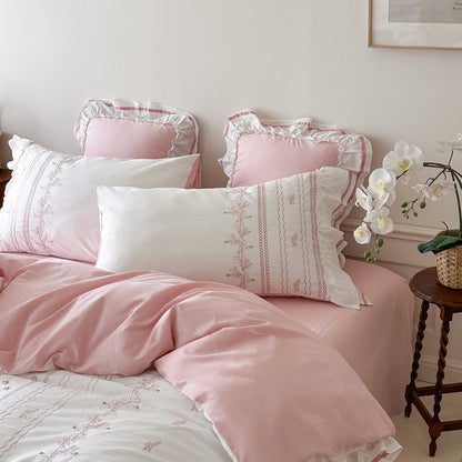 Embroidered French Lace Ruffle Pillowcases / Pink
