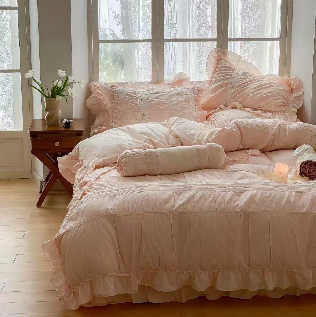 Embroidered Lace Ruffle Bedding Set / Pink