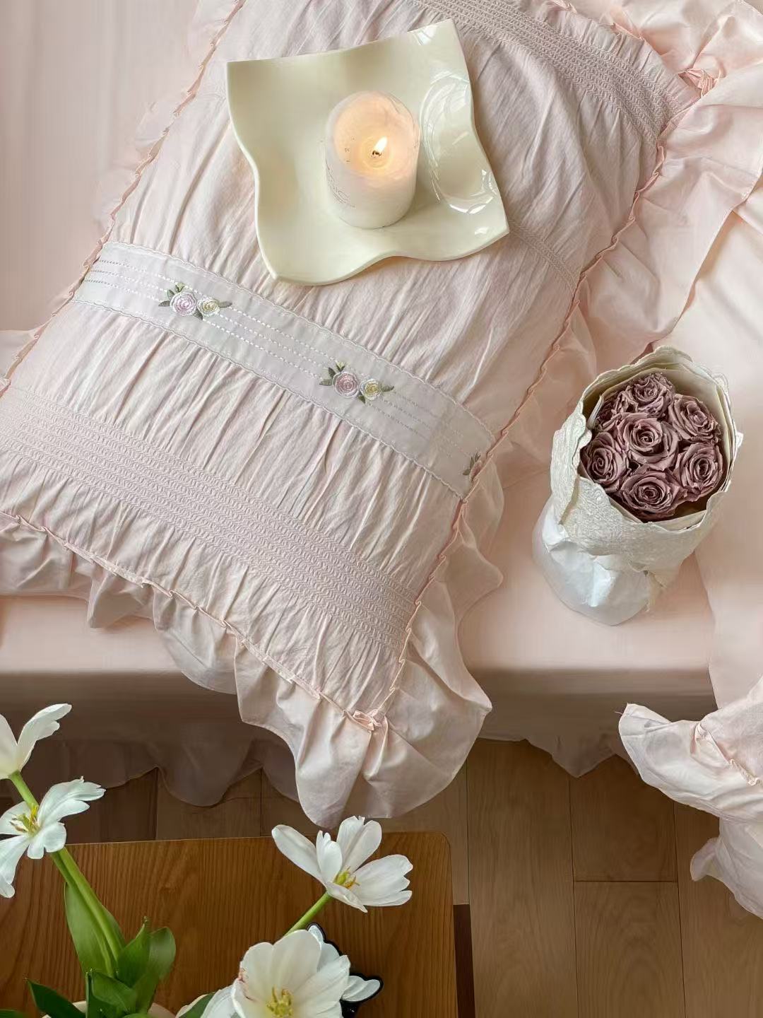 Embroidered Lace Ruffle Bedding Set / Pink