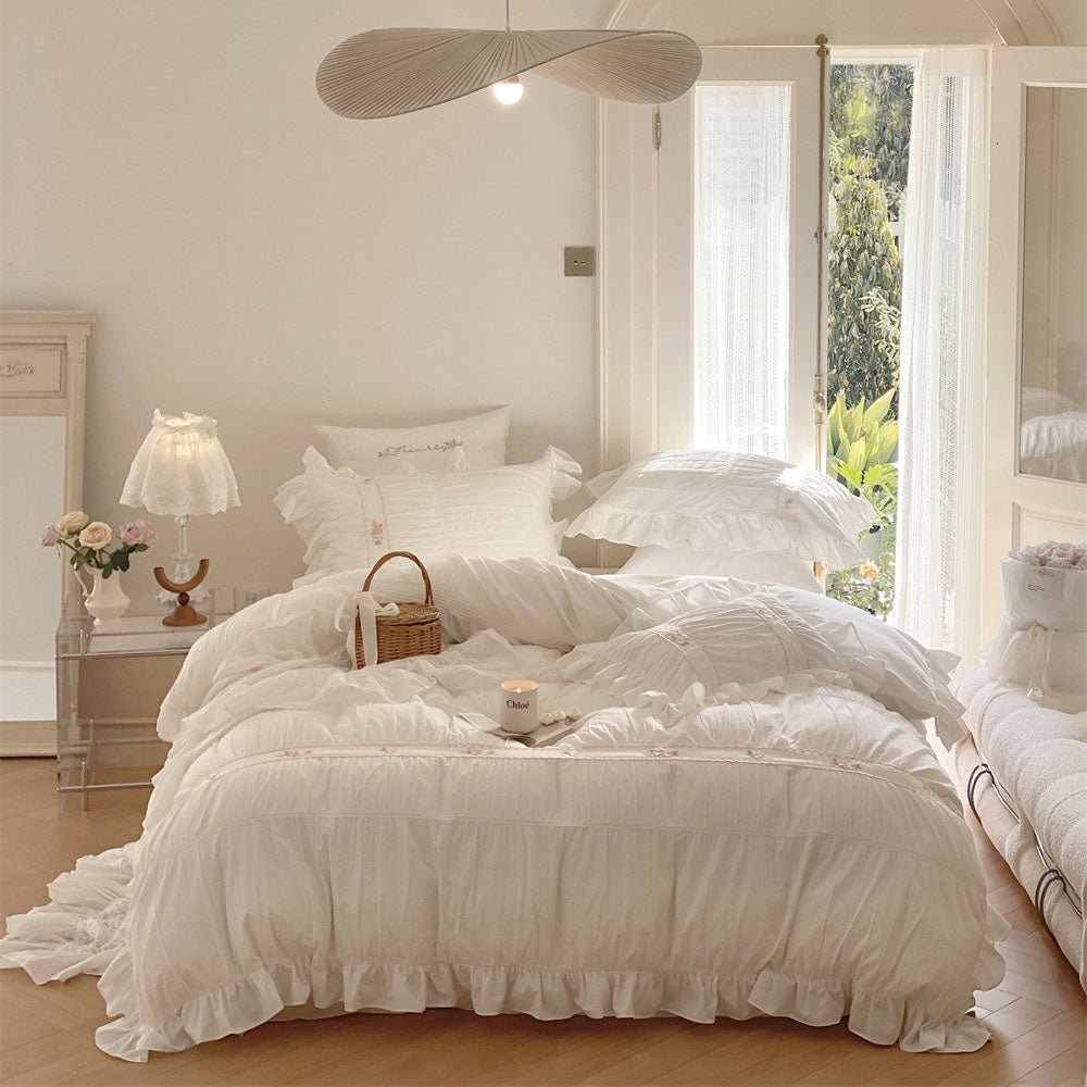 Embroidered Lace Ruffle Bedding Set / Pink