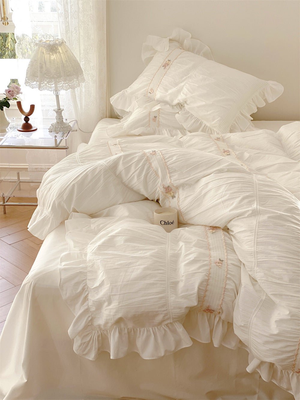 Embroidered Lace Ruffle Bedding Set / Pink
