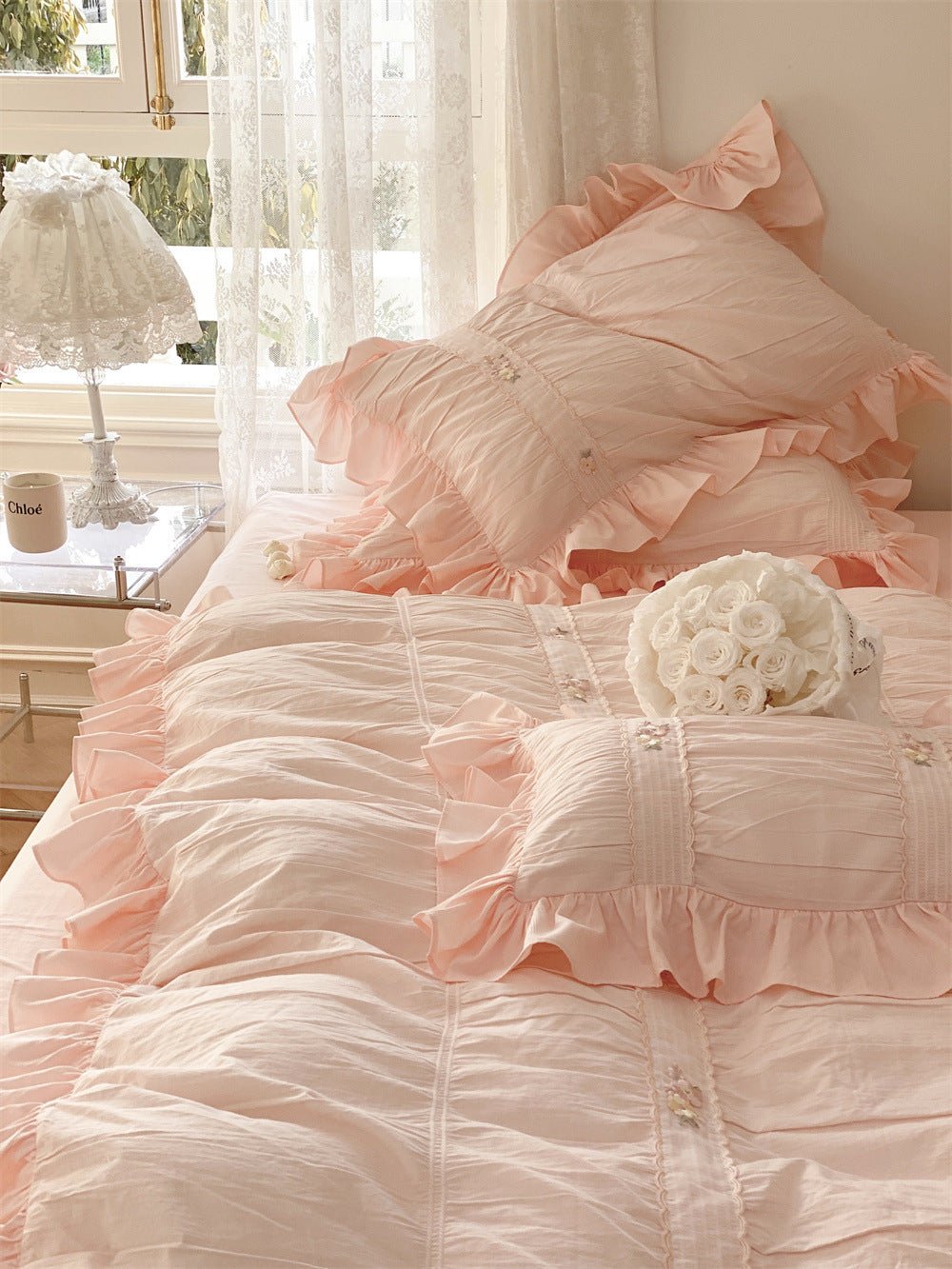 Embroidered Lace Ruffle Bedding Set / White