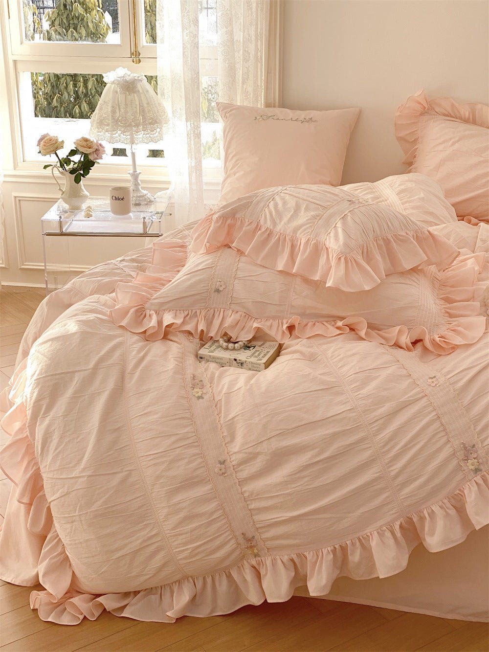 Embroidered Lace Ruffle Bedding Set / White
