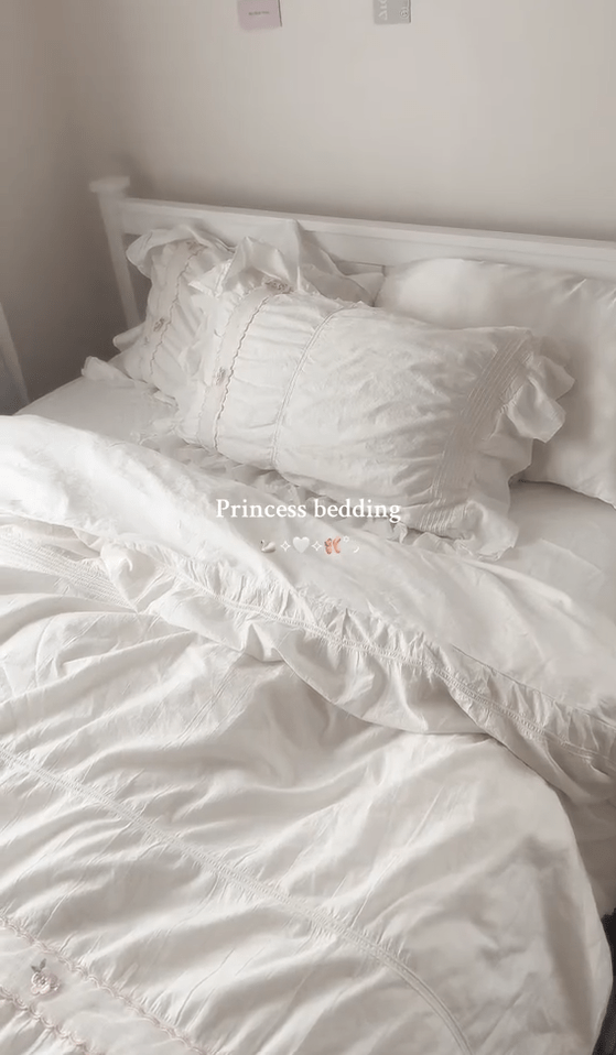 Embroidered Lace Ruffle Bedding Set / White