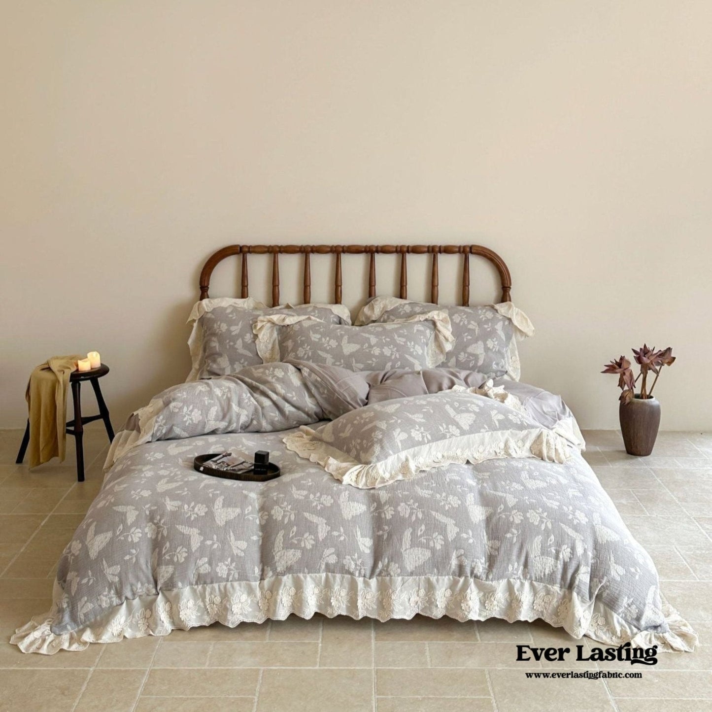 Emmeline Lace Ruffle Floral Bedding Set / White