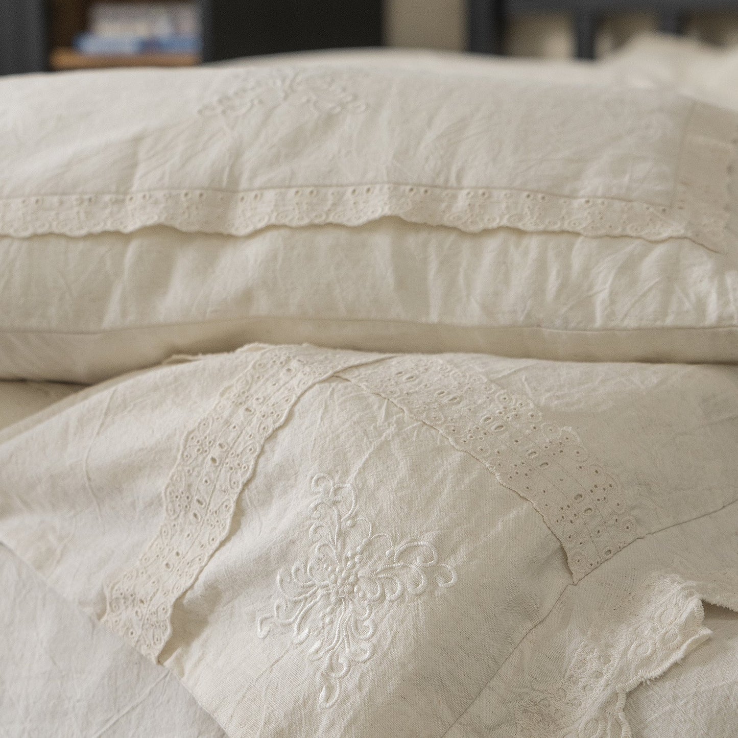 Esme French Linen Cotton Embroidered Floral Bedding Set / White