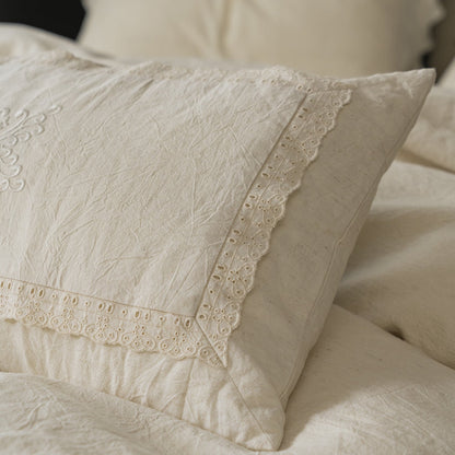 Esme French Linen Cotton Embroidered Floral Bedding Set / White