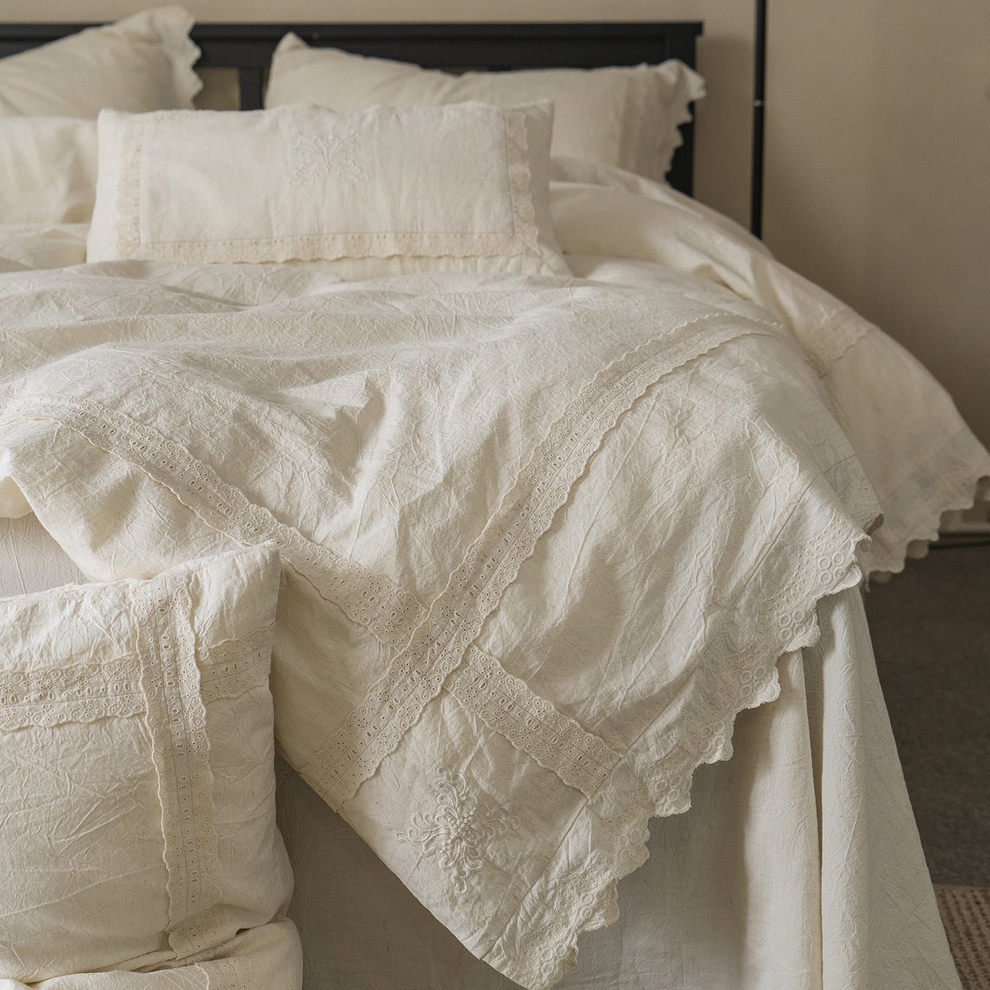 Esme French Linen Cotton Embroidered Floral Bedding Set / White
