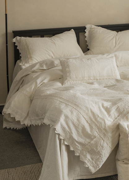 Esme French Linen Cotton Embroidered Floral Bedding Set / White
