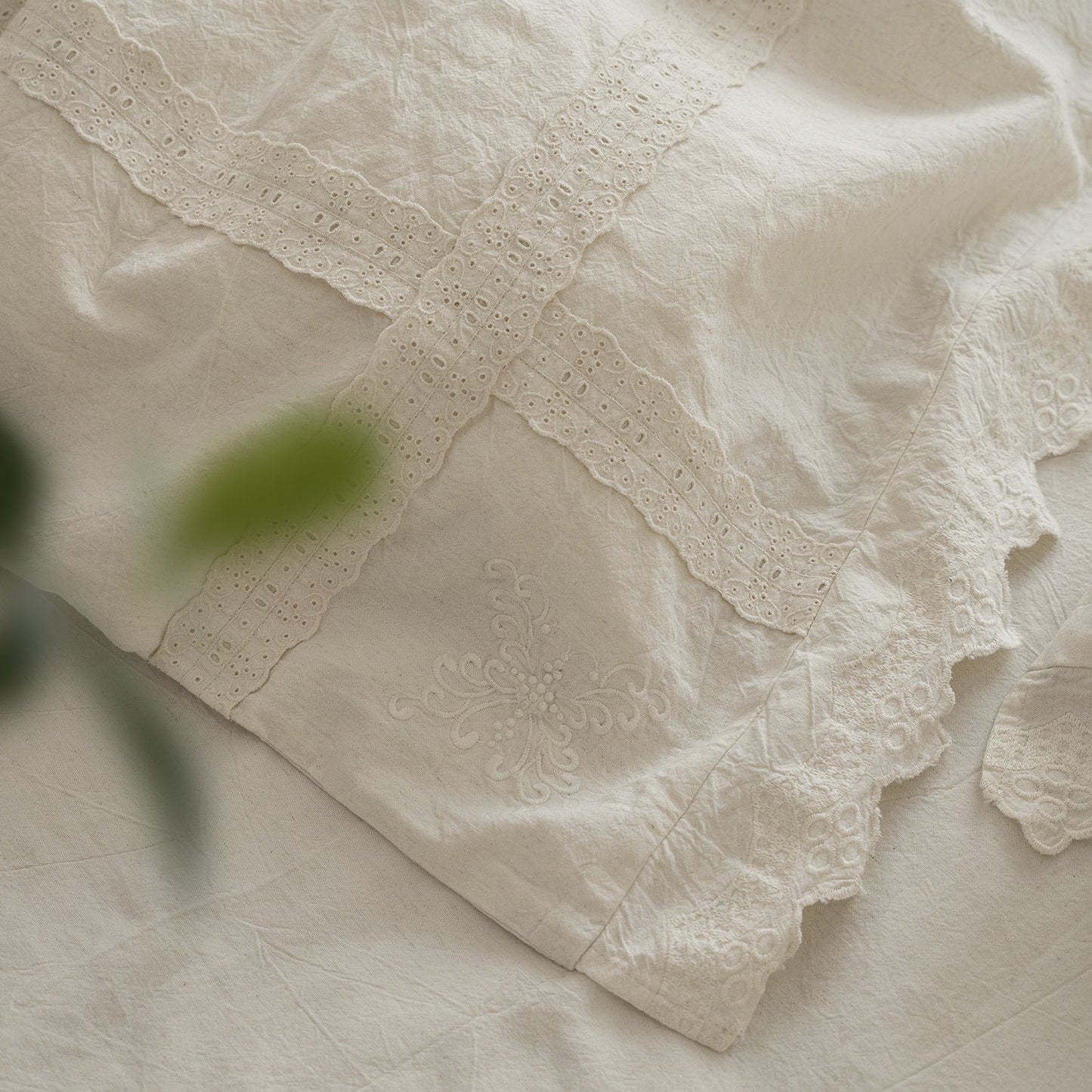 Esme French Linen Cotton Embroidered Floral Bedding Set / White
