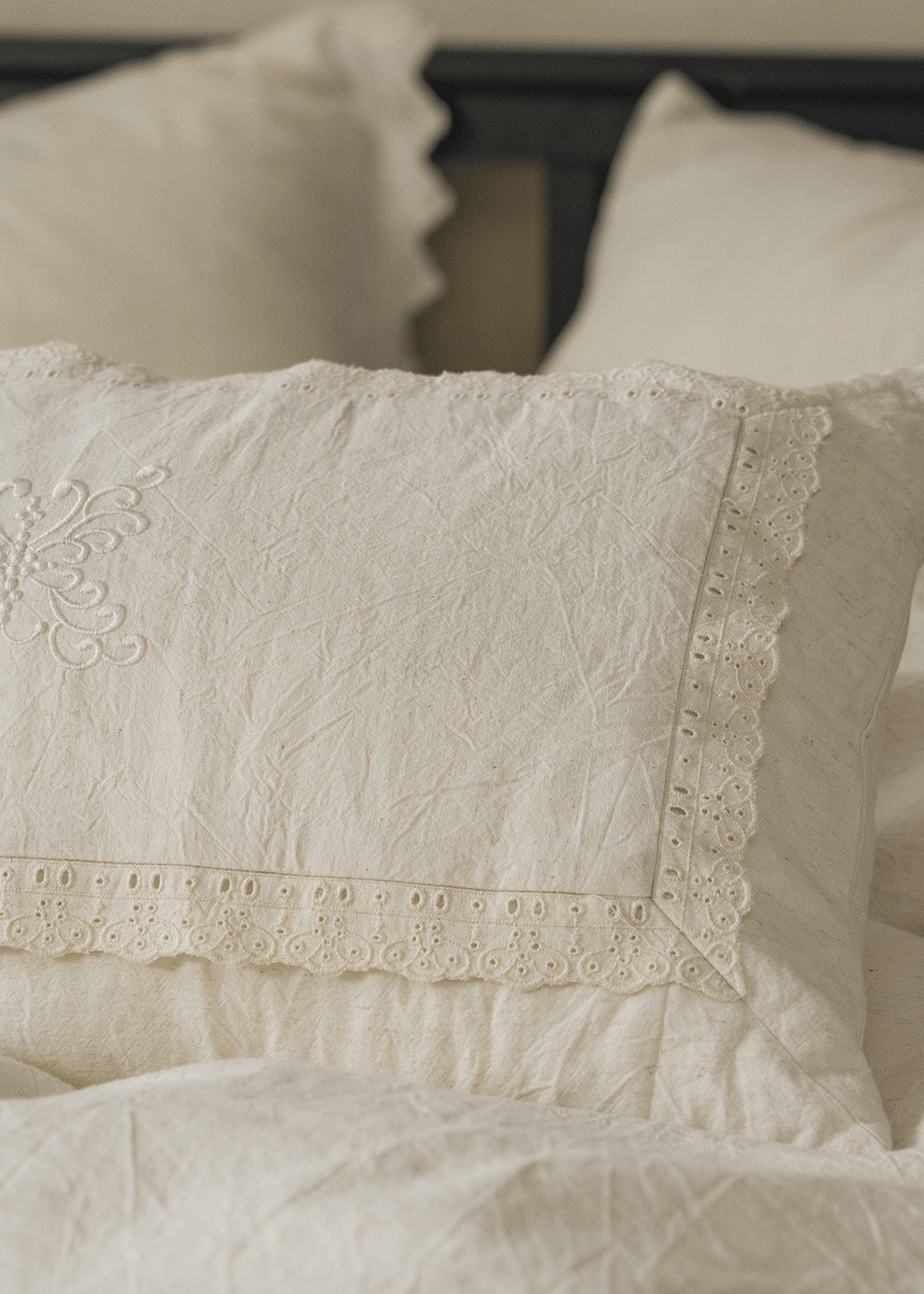 Esme French Linen Cotton Embroidered Floral Bedding Set / White