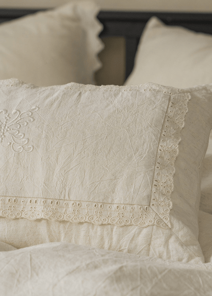 Esme French Linen Cotton Embroidered Floral Bedding Set / White