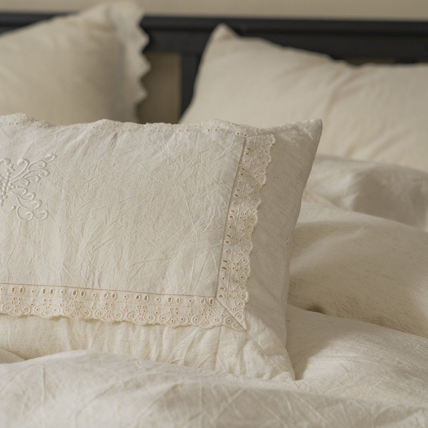 Esme French Linen Cotton Embroidered Floral Bedding Set / White