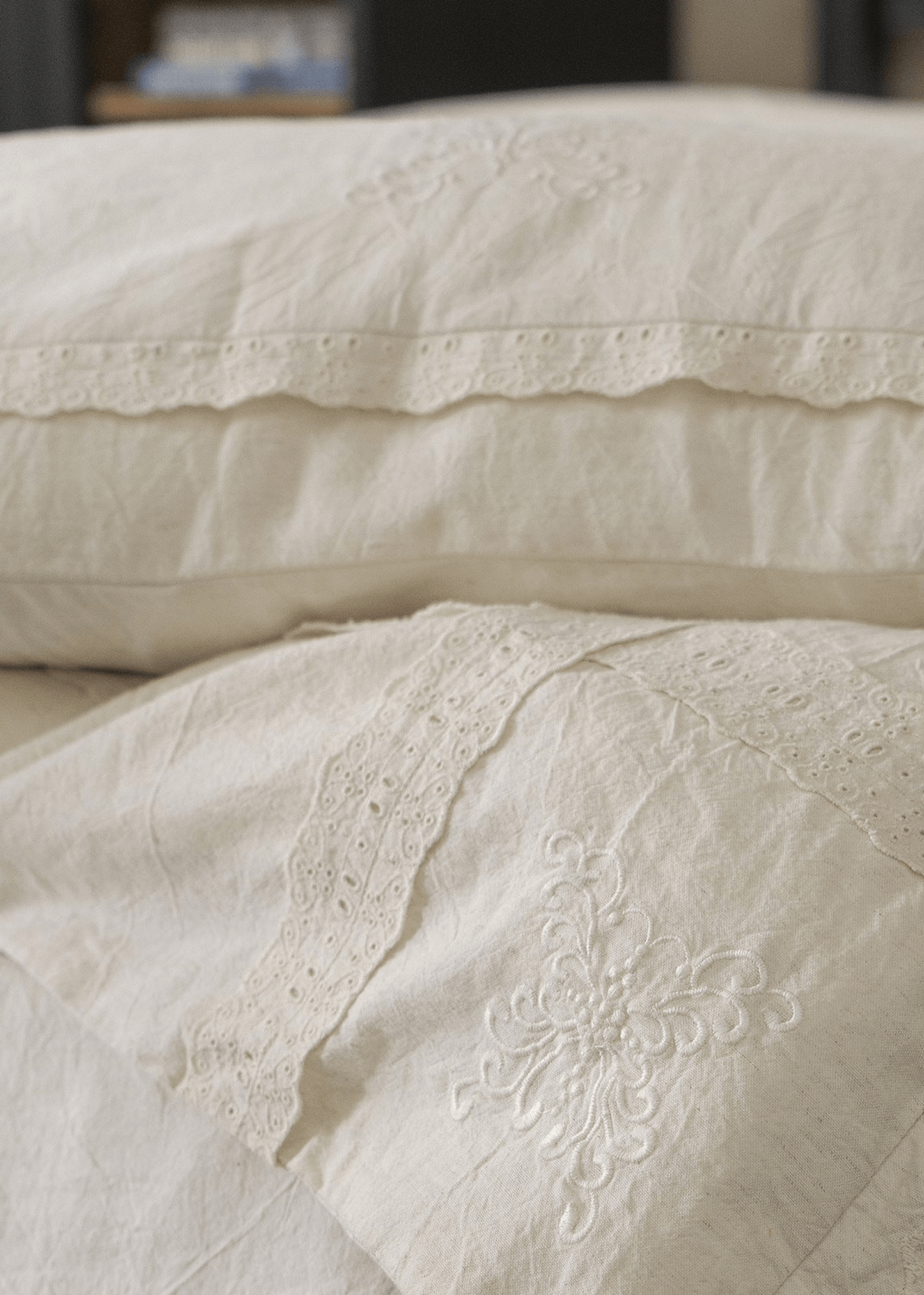 Esme French Linen Cotton Embroidered Floral Bedding Set / White