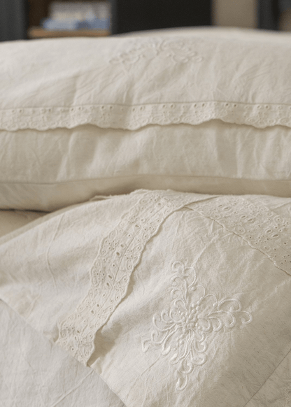 Esme French Linen Cotton Embroidered Floral Bedding Set / White