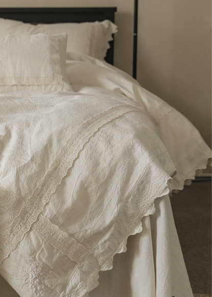 Esme French Linen Cotton Embroidered Floral Bedding Set / White