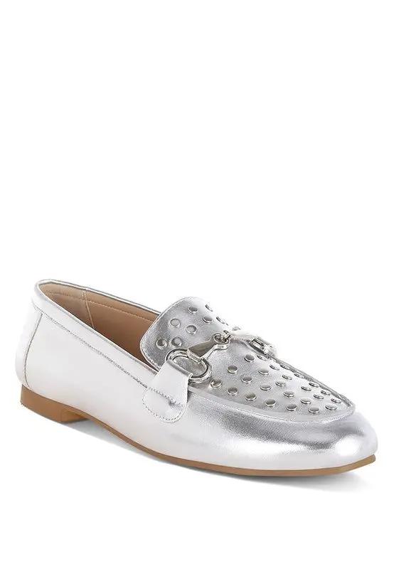 Shoes Rag Company Estafa Horsebit & Studs Metallic Pleather Loafers for Women