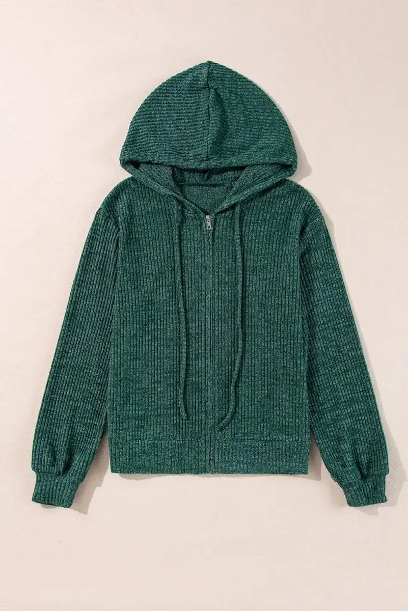 Jackets Love Salve Ribbed Green Hoodie Daily Wear Women's Zip-Up Drawstring Casual