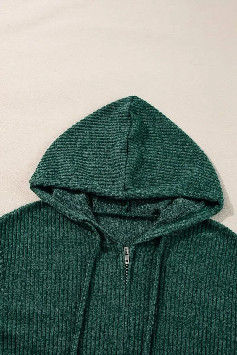 Jackets Love Salve Ribbed Green Hoodie Daily Wear Women's Zip-Up Drawstring Casual