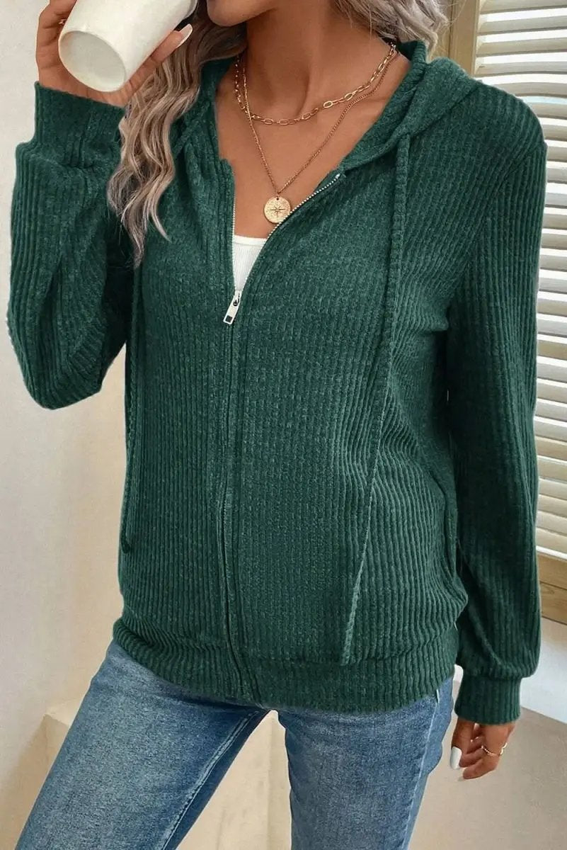 Jackets Love Salve Ribbed Green Hoodie Daily Wear Women's Zip-Up Drawstring Casual