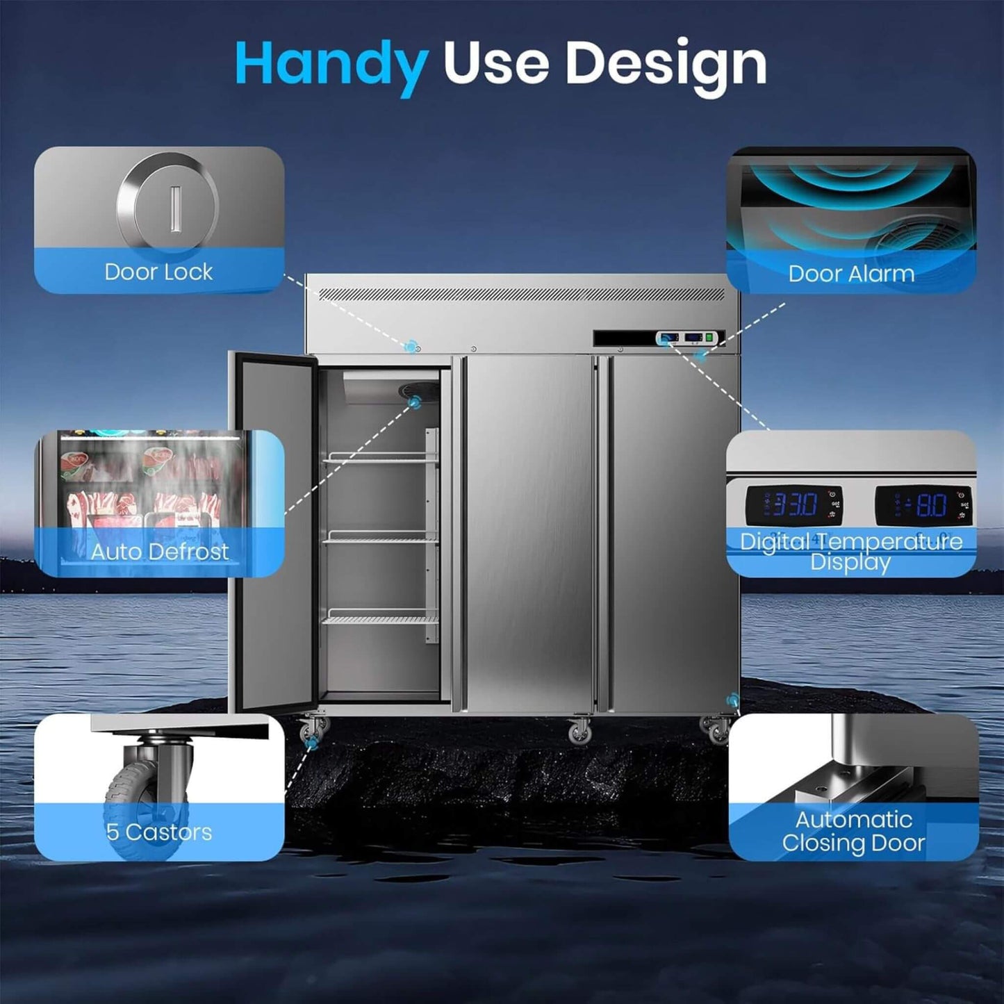Extra-Large 72-Inch 54 Cu.Ft Commercial 3-Door Upright Reach-In Freezer Refrigerator Combo With Wheels (SAK68325)