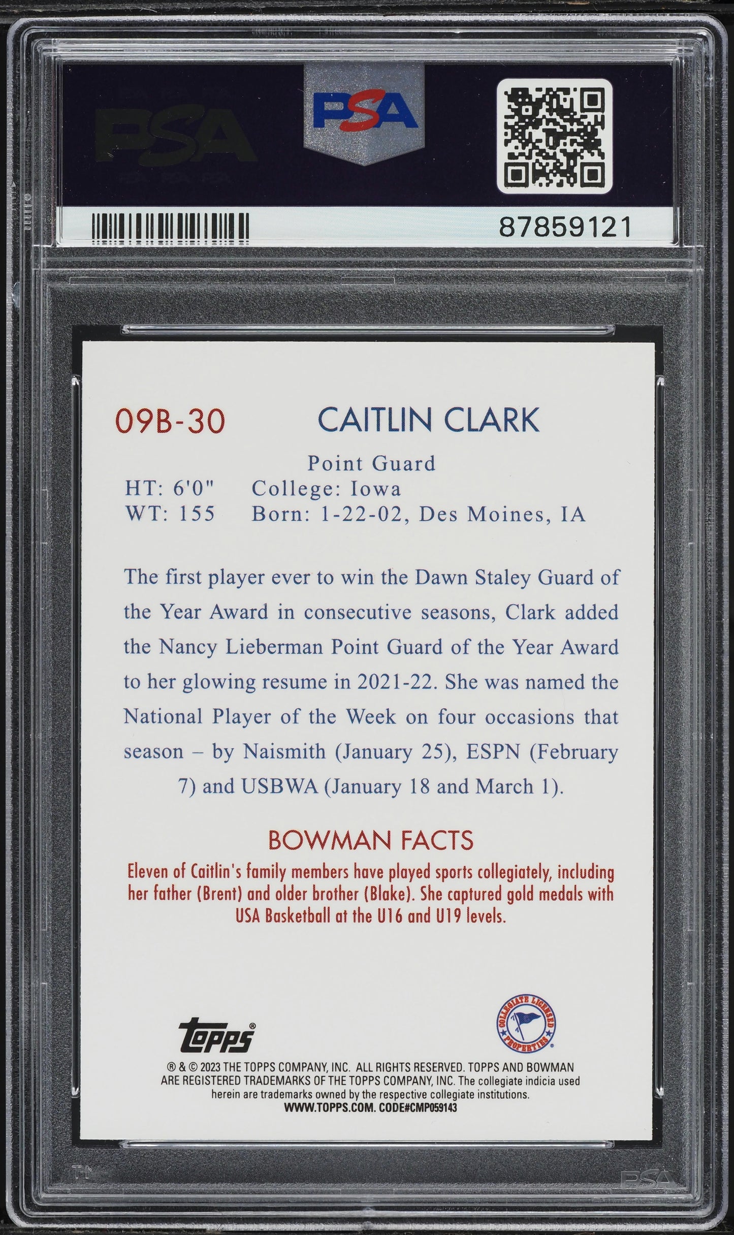 Graded 2022 Topps Bowman University Caitlin Clark #09B30 Rookie RC Basketball Card PSA 8 Near Mint