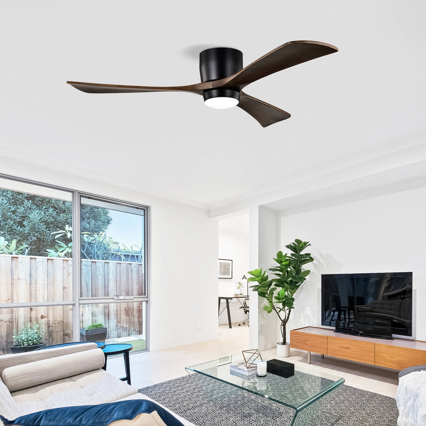 52" Flush Mount Solid Wood Blades Ceiling Fan with Lights Remote Control