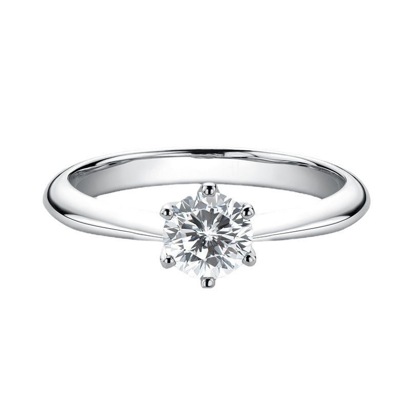 Classic Six Prong Solitaire Ring For Women, Round Cut Clear Tone Simulated Zirconia Silver Tone Thin Band Light Luxury Wedding Engagement Finger Jewelry