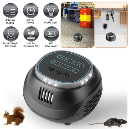 Ultrasonic Rodent Chaser Rat Repellent Pest Driver Mouse Control Squirrel Repeller with 4 Modes 4-65KHz Strobe Light 4 Timer 1292sq.ft. Coverage for R