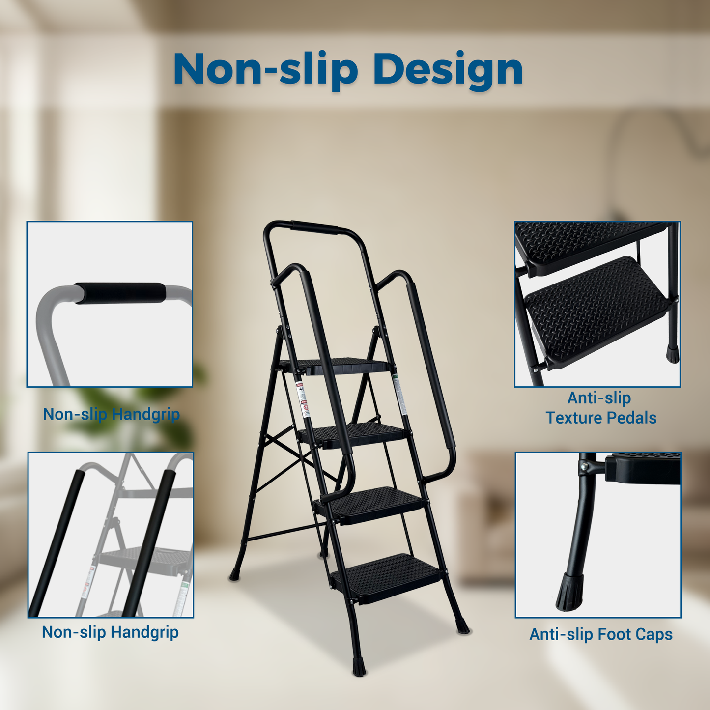 4 Step Folding Steel Ladder with Anti-Slip Pedals and Handrail