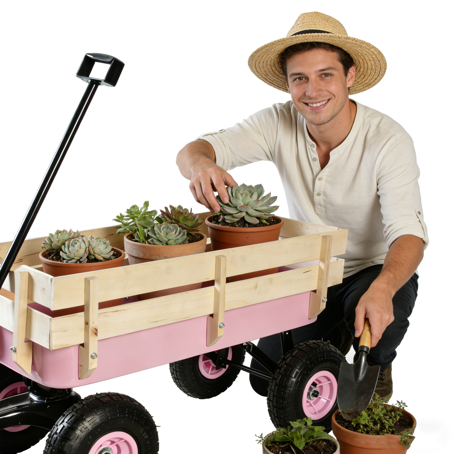 Outdoor All Terrain Garden Wagon with Wooden Railings and Pneumatic Tires