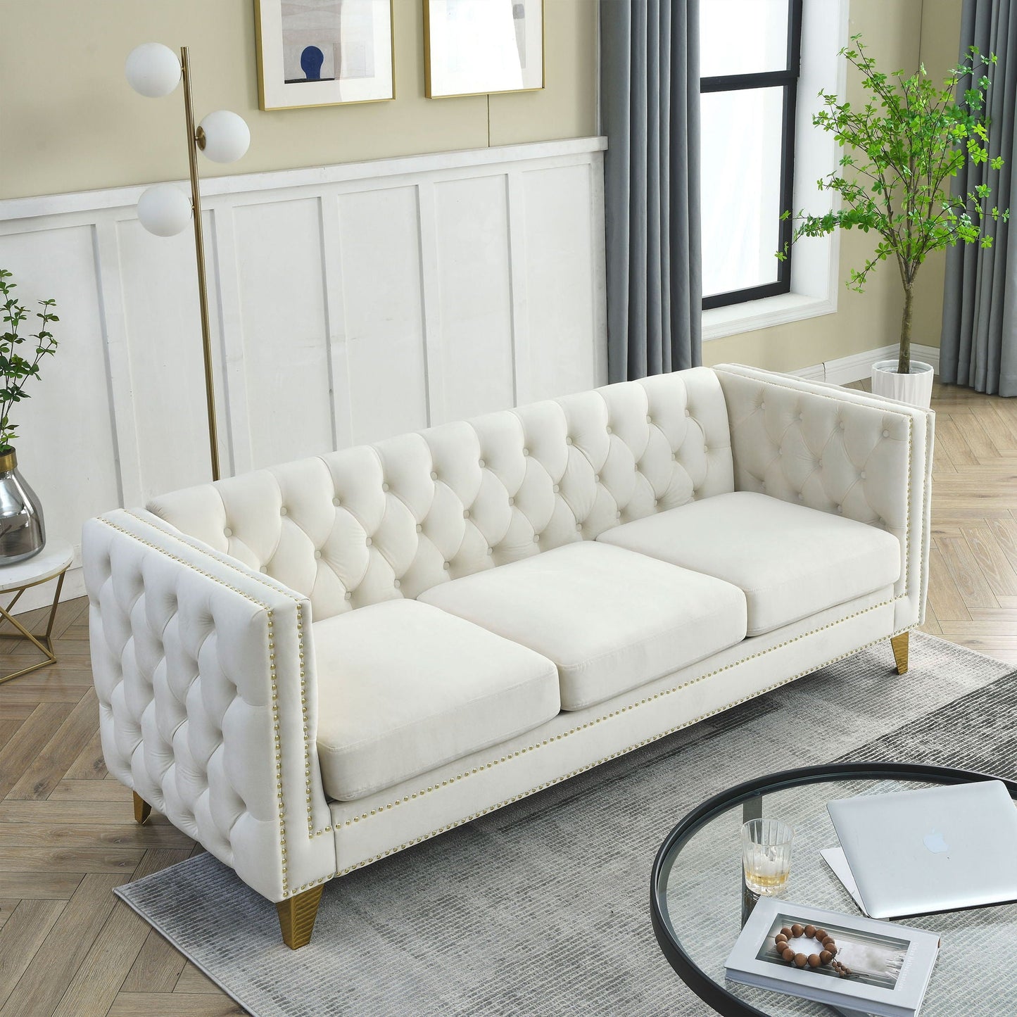 Upholstered Couch Sofa With Button Tufting For Living Room