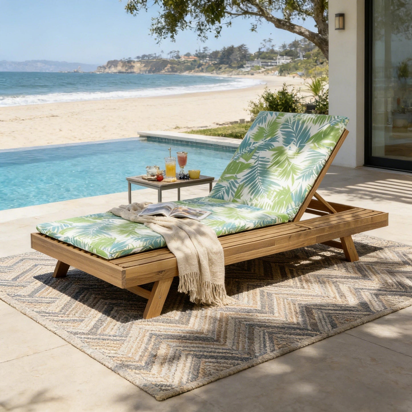 Lounge Chaise Set, Space Available On One Side, Acacia Wood In light brown With Water-Resistant Lounge Cushions (Leaf Coconut & 2 Inch Thick) – Matching Cream/Dark Grey Version Available