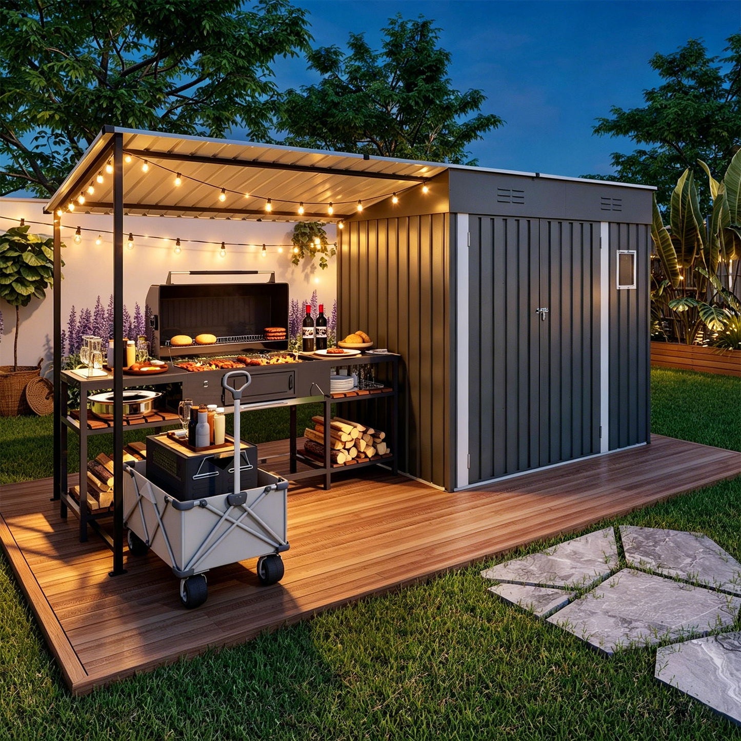 Lean To Shed With Open Sided Pergola, Outdoor Storage Shed & Attached Hardtop Gazebo Combo - Gray
