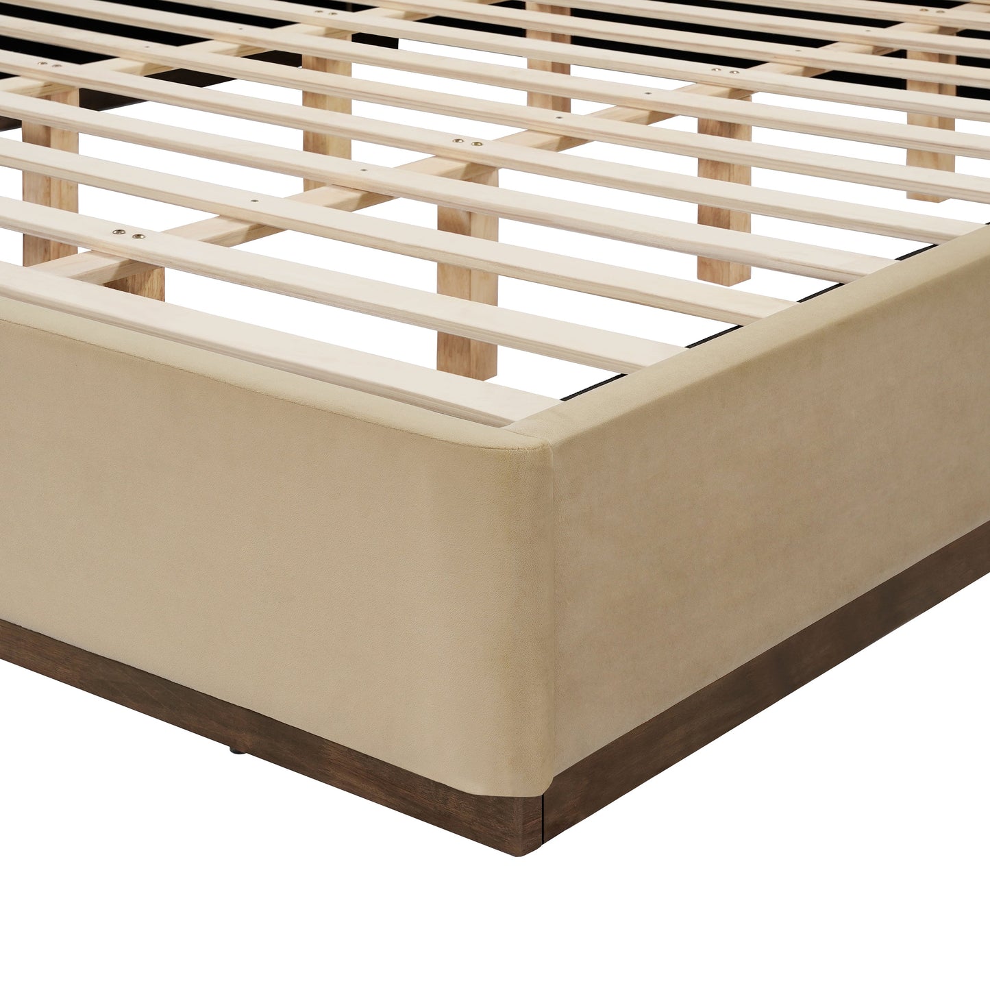 King Size Upholstered Bed Frame With Velvet Fabric Thick Headboard, Solid Wood Base, Camel