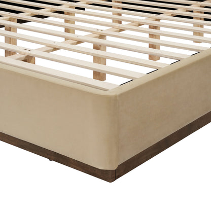 King Size Upholstered Bed Frame With Velvet Fabric Thick Headboard, Solid Wood Base, Camel