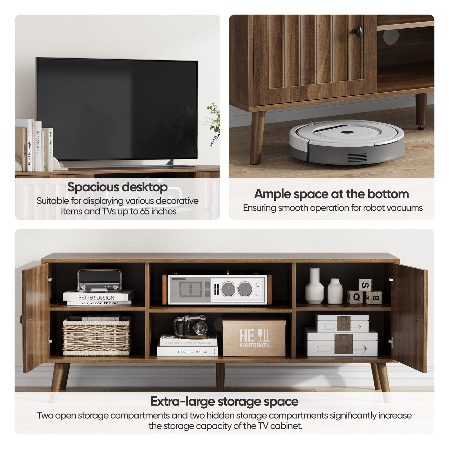 55" TV Cabinet With Vertical Groove Doors, Adjustable Shelves - Walnut