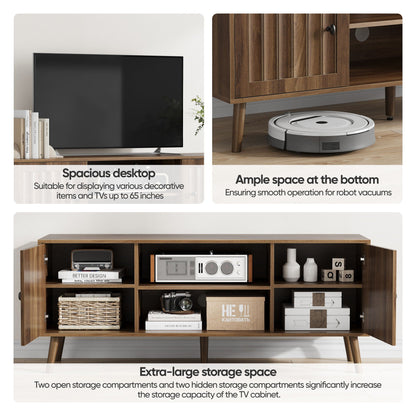 55" TV Cabinet With Vertical Groove Doors, Adjustable Shelves - Walnut
