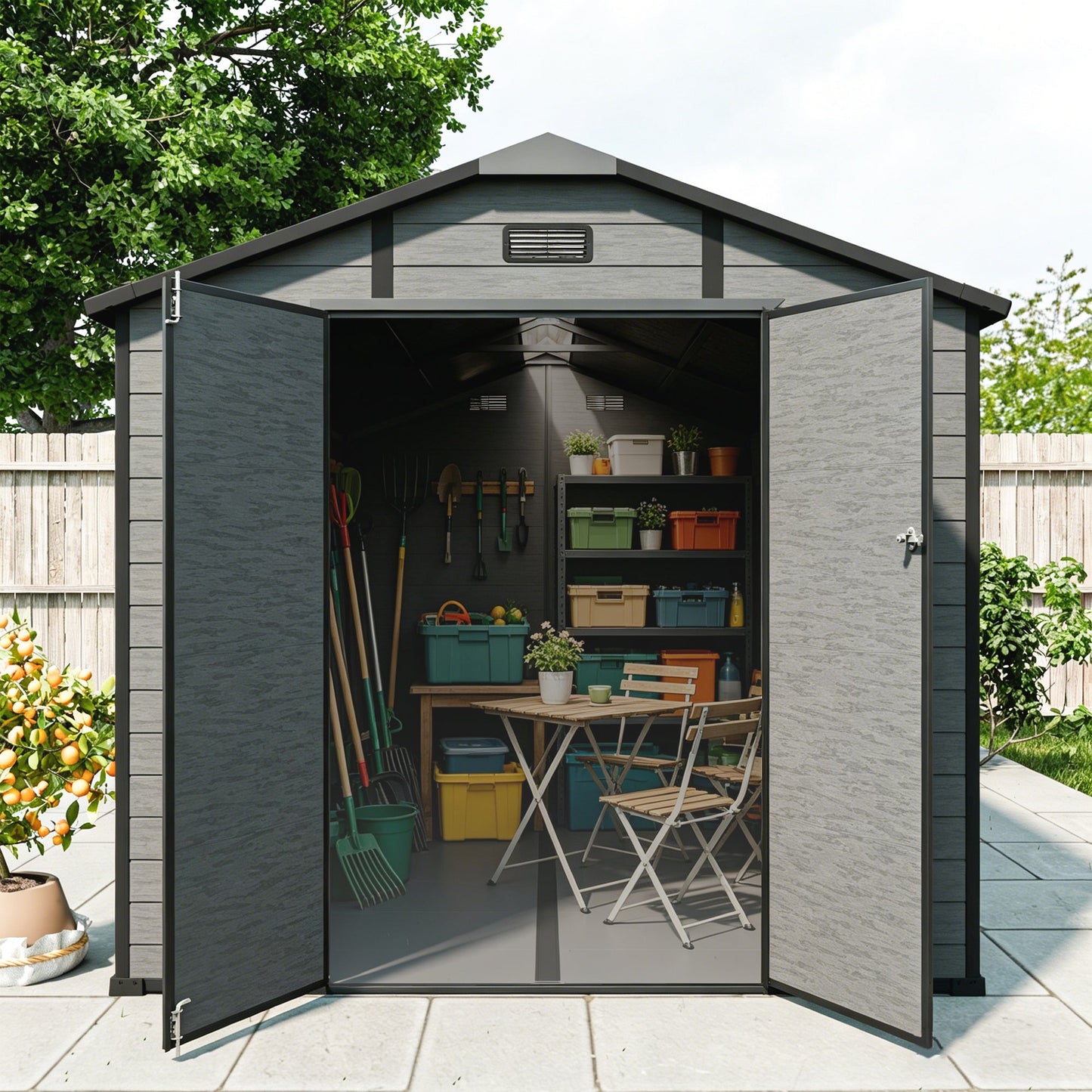 8x14 FT Plastic Outdoor Storage Shed - Lockable Resin Tool Shed with 2 Window & 3 Air vents