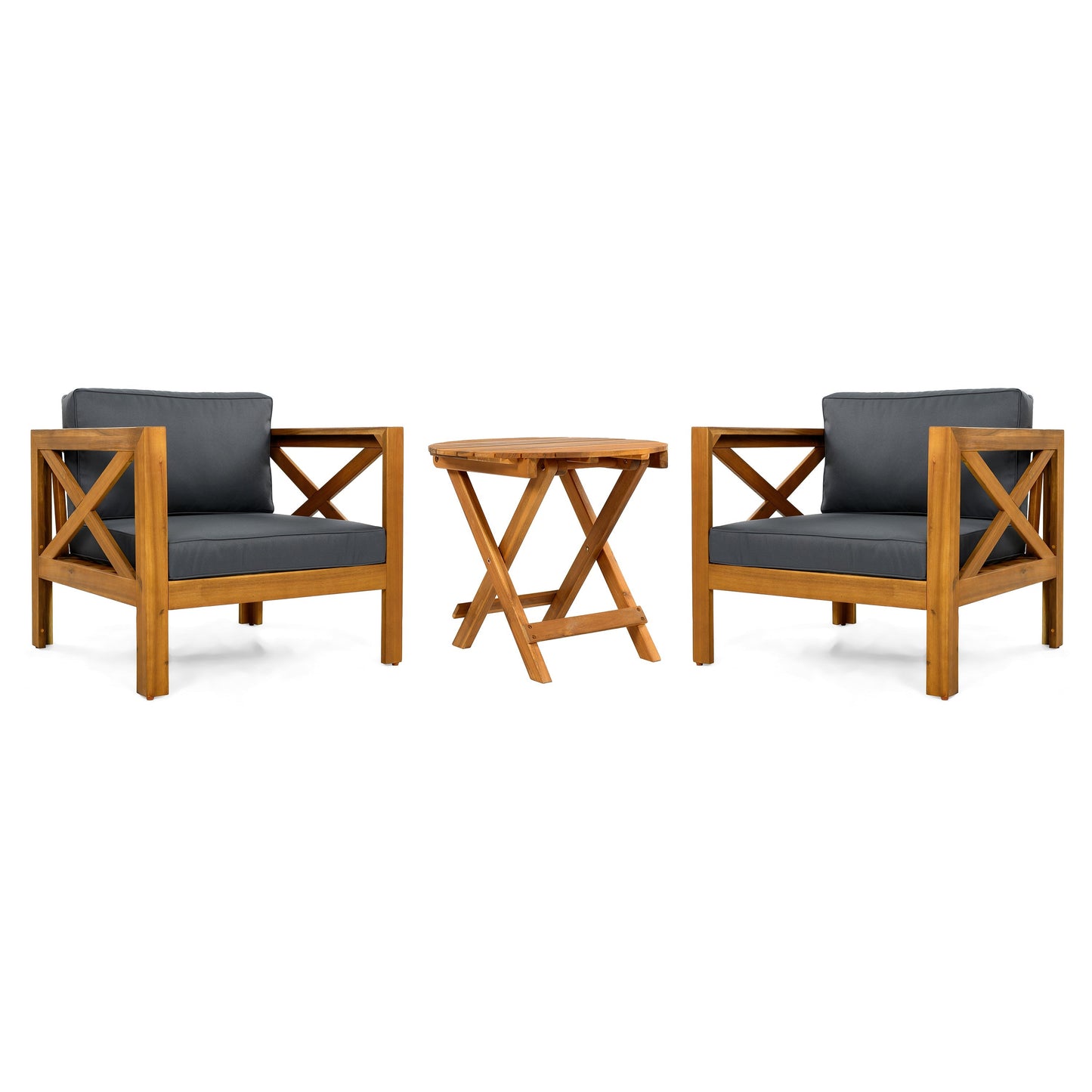 Patio Conversation Set with Foldable Acacia Wood Table and Cushioned Armchairs