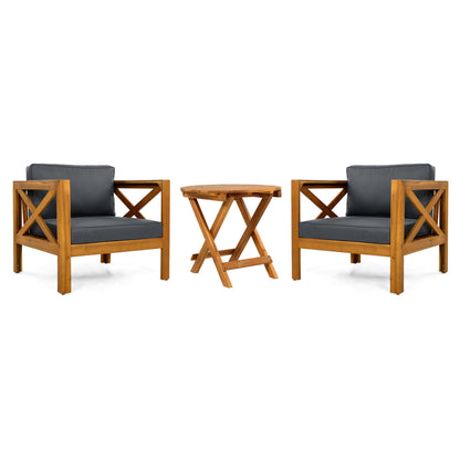 Patio Conversation Set with Foldable Acacia Wood Table and Cushioned Armchairs
