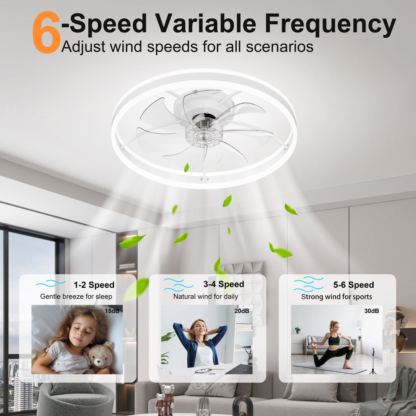 23.6 Inch Ceiling Fan with Light, Quiet DC Motor, Dimmable 3-Color LED