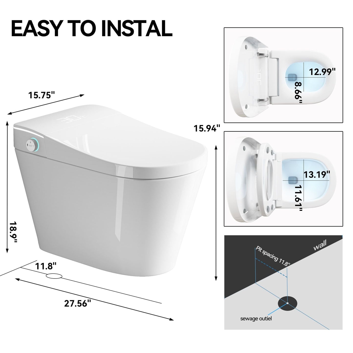 Smart Bidet Toilet With Auto Open / Close Seat, Warm Water Wash, Heated Seat, And Wireless Remote Control