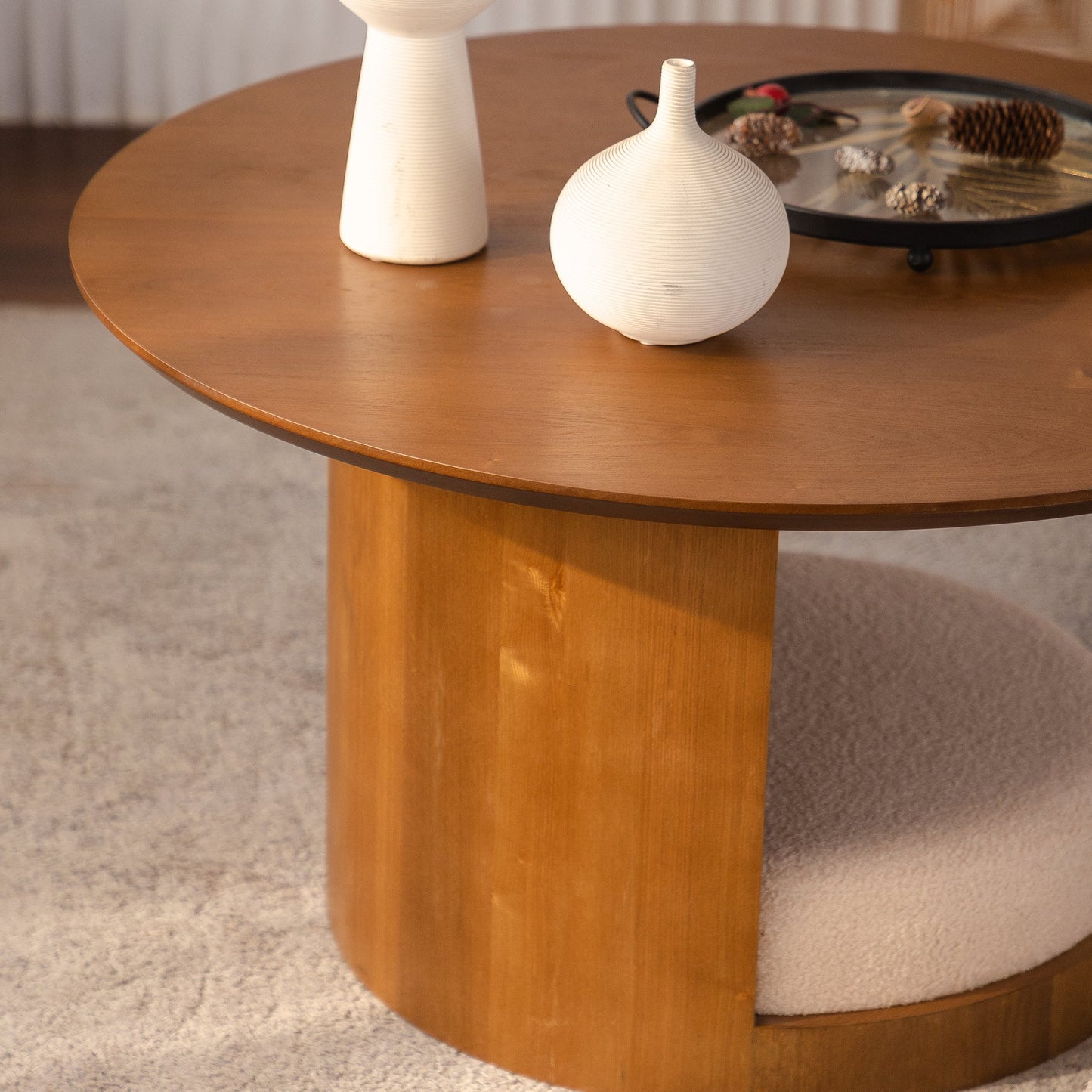 31.5" Round Wood Coffee Table with 3 Teddy Fabric Nesting Stools