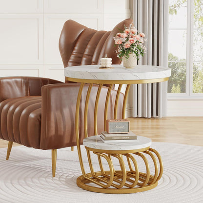 Round Vintage End Table With 2 Tier Storage