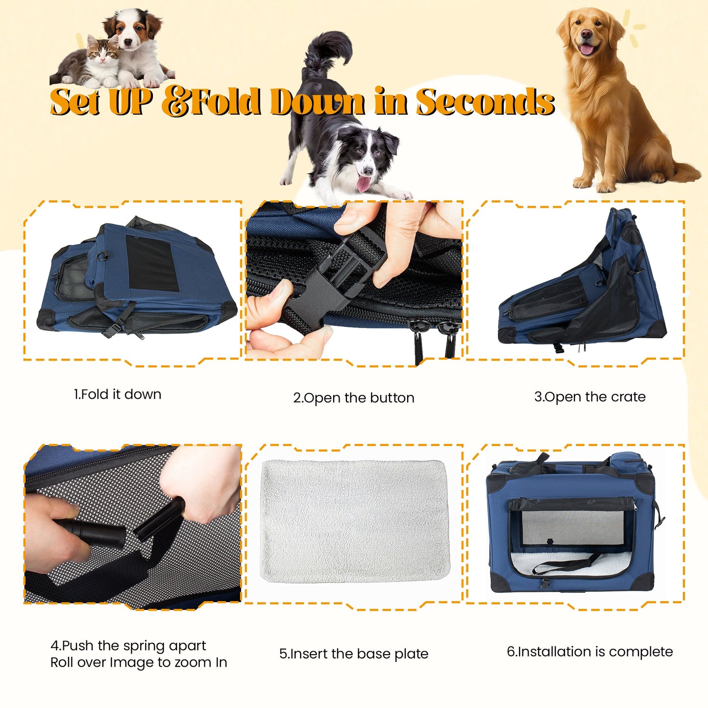 40'' Soft Dog Crates Kennel with 3 Doors and Fleece Mat